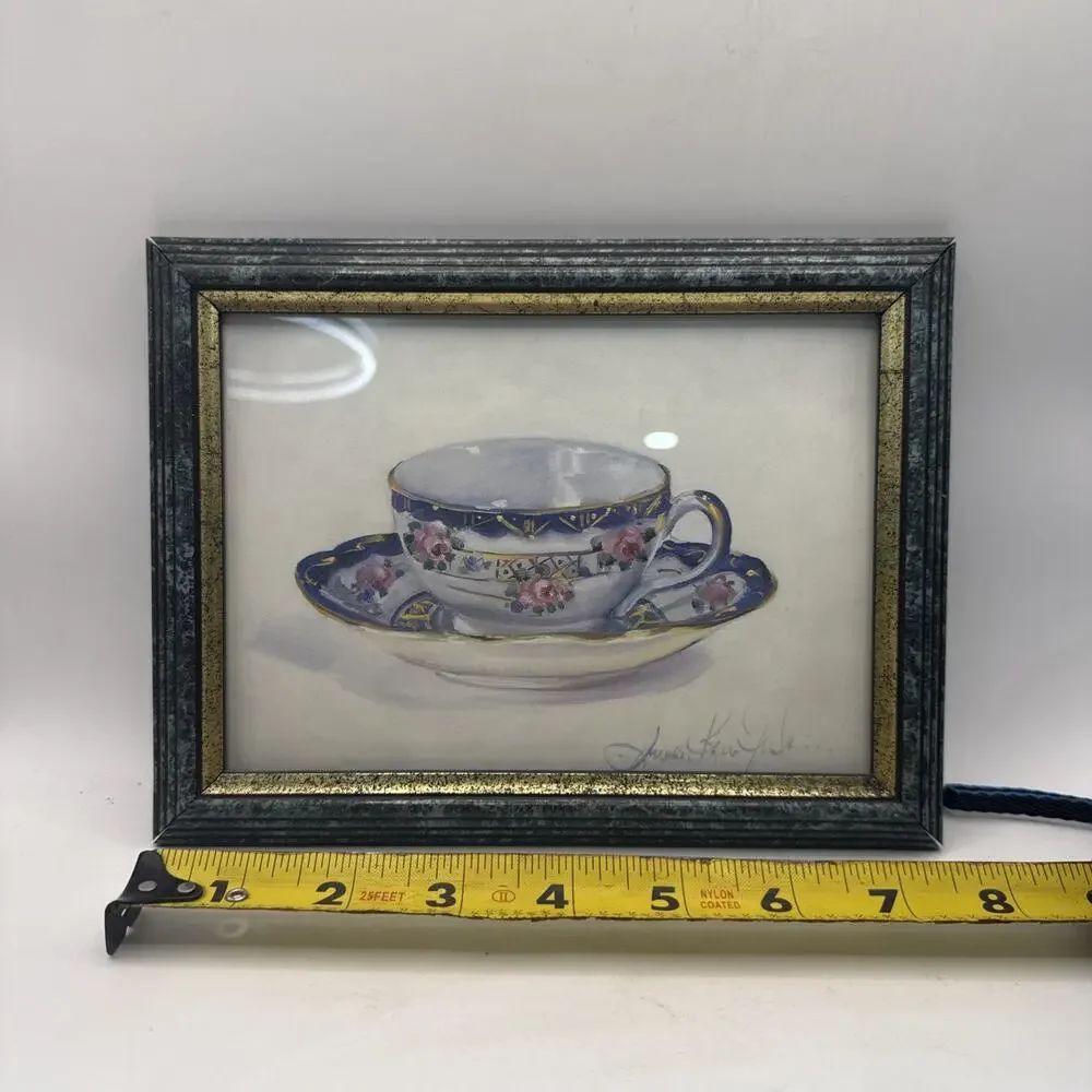 Set of 2 Vintage Signed Teacup & Saucer Framed Art Prints Floral Kitchen Decor *